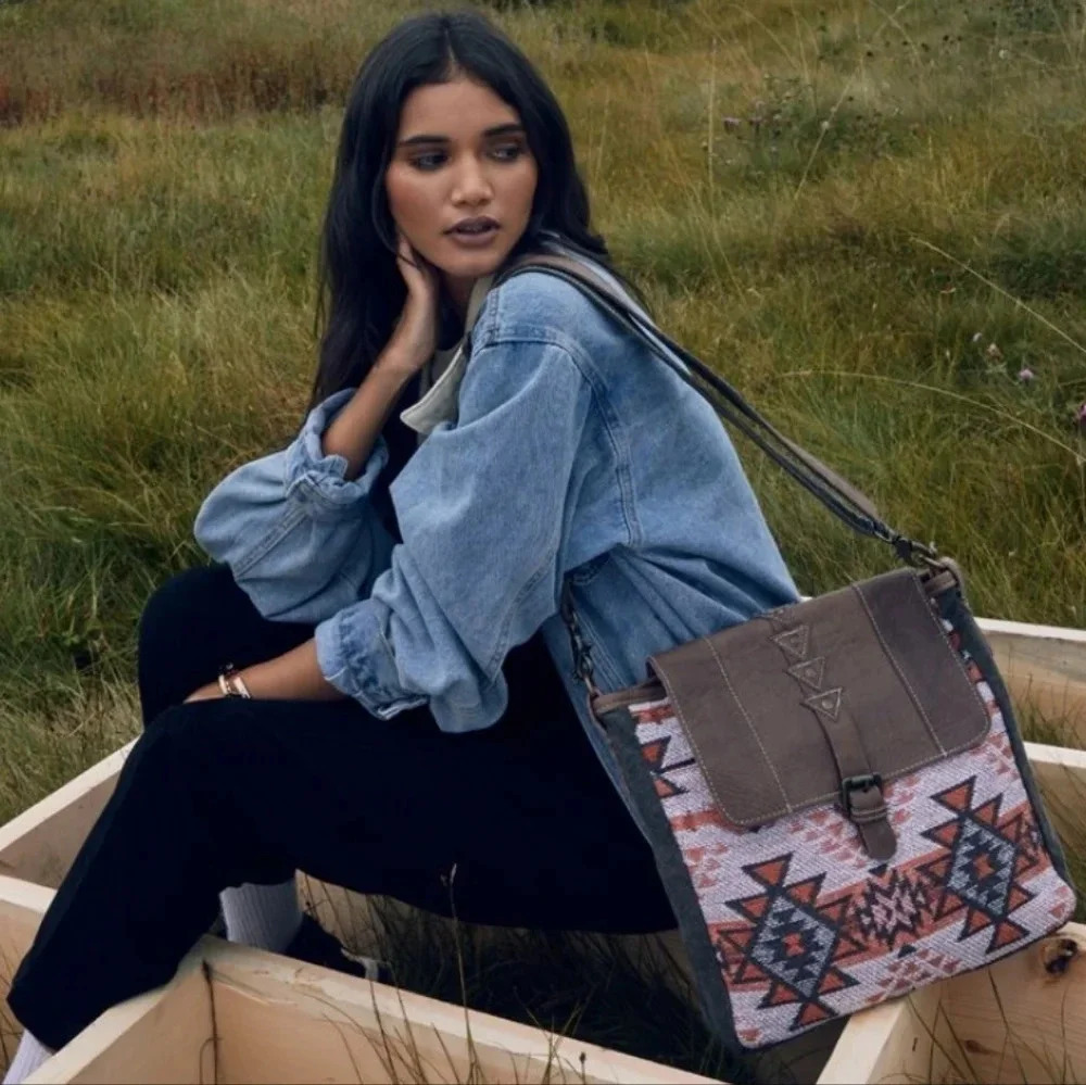 Myra Bag Boho Leather & Canvas Shoulder Bag New
